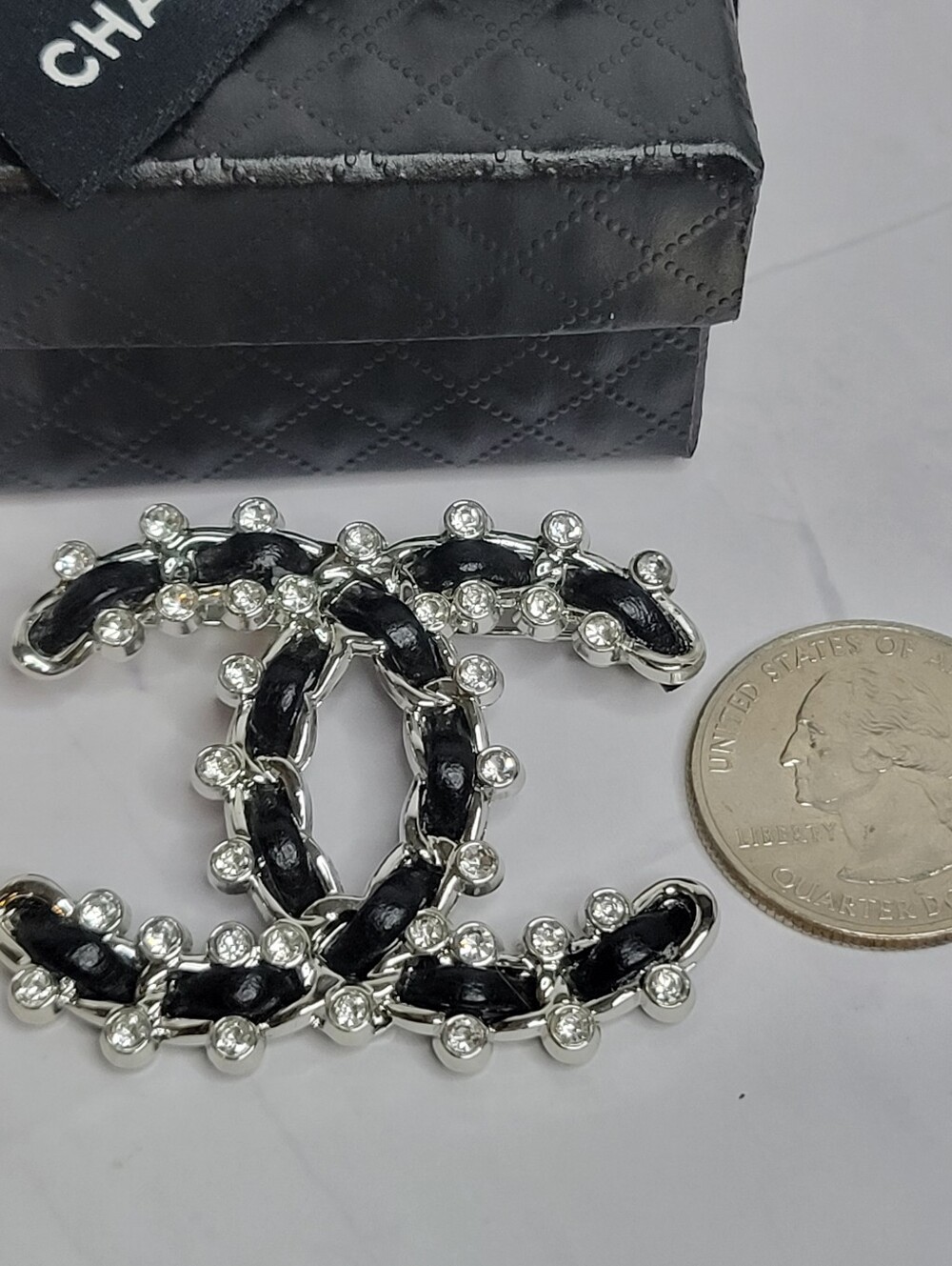 Black and Silver Crystal Interlocking CC Brooch
